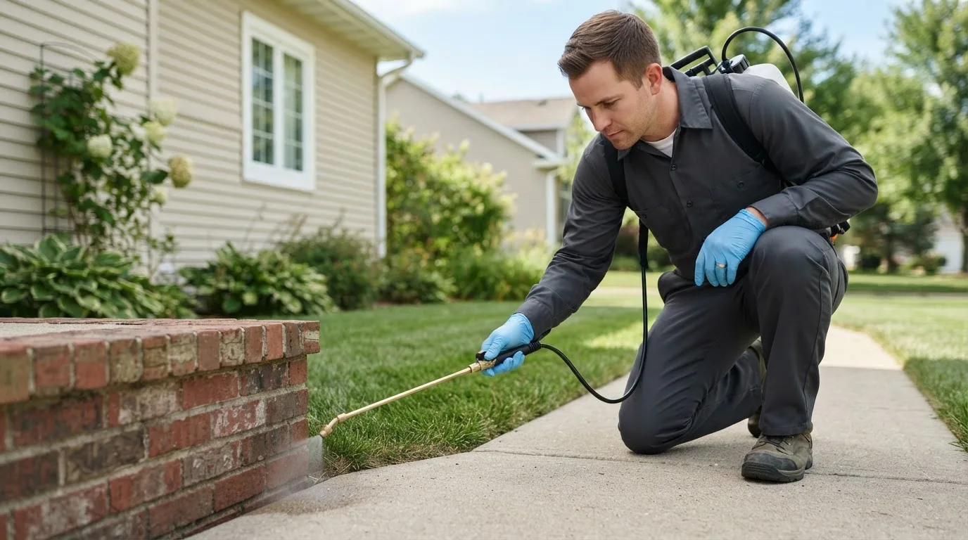 Pest control technician treating a home near Burns, TN