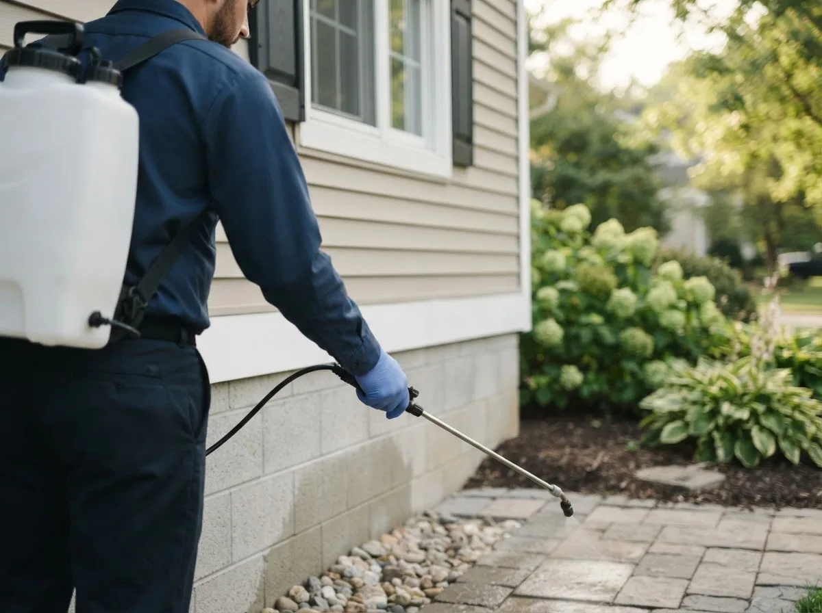 Pest control technician inspecting a home in Burns, TN